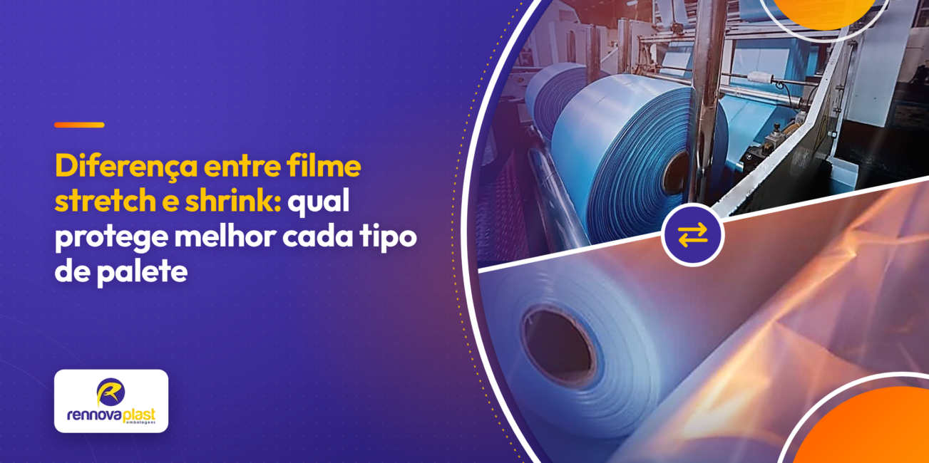 Palete de caixas envolvido em filme plástico transparente em área de expedição industrial